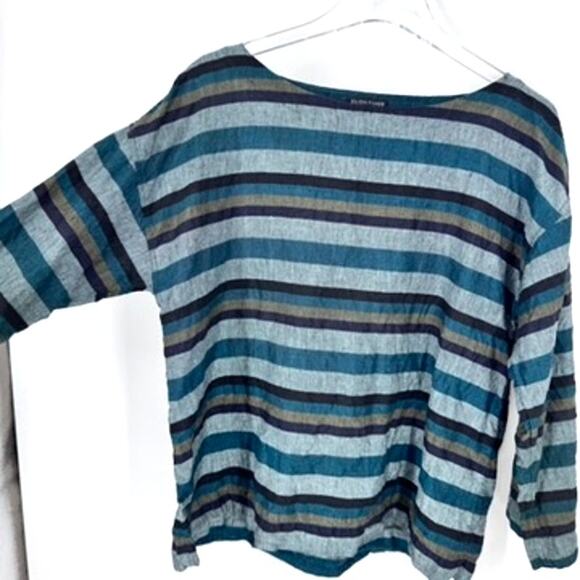 Eileen Fisher Linen Top Medium Striped Blue Gray Green - Picture 4 of 6